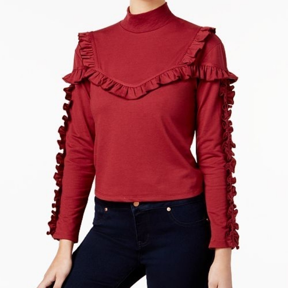Buffalo Women's Mock Neck Berry Ruffle Top Size XS